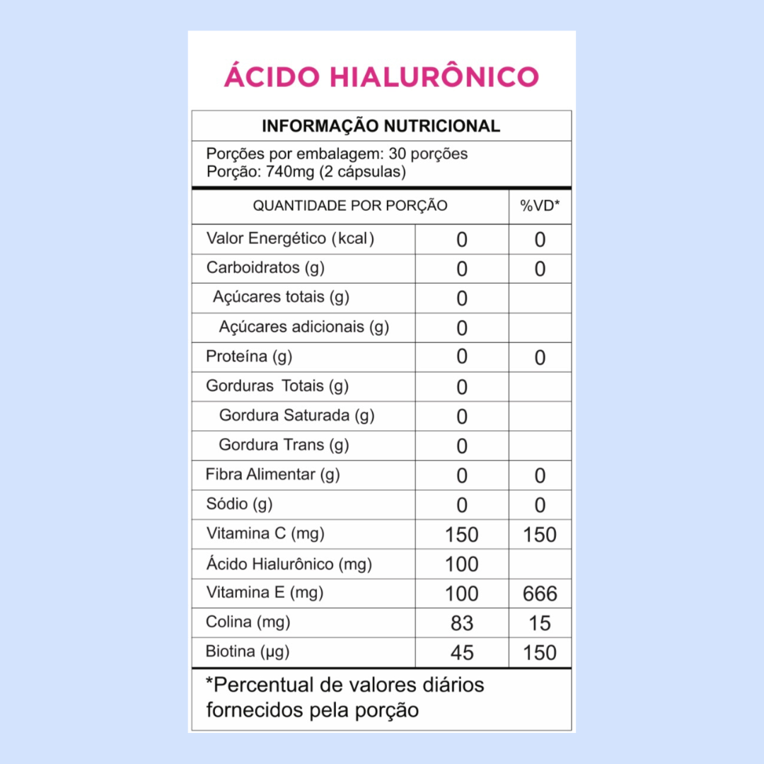 Ácido Hialurônico 60 Cápsulas com Vitaminas C e E + Biotina e Ácido Hialurônico