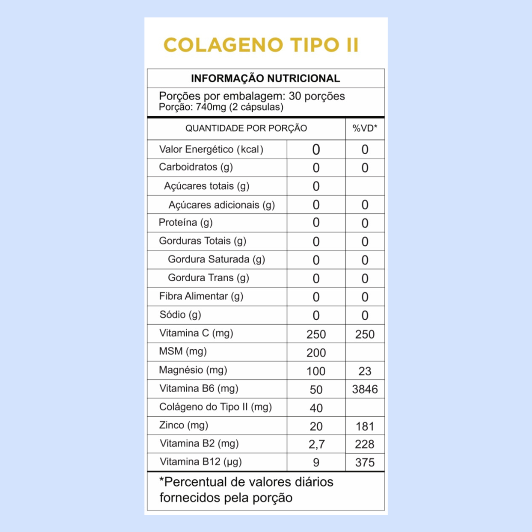 Colágeno Tipo 2 – 60 Cápsulas | Com Vitamina C + B2 + B6 + B12 - MSM +Magnésio e Zinco | Força para Articulações