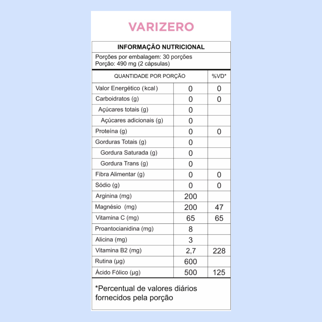 Varizero | Rico em Arginina, Magnésio, Vitamina C, Rutina e Ácido Fólico (60 Cápsulas)